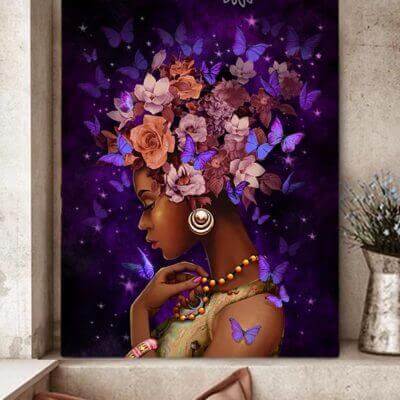 Black Queen Wall Art Canvas With Purple Butterflies