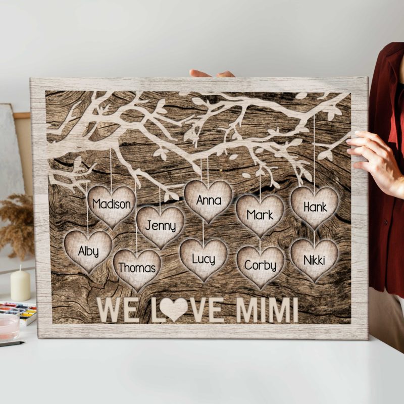 Personalized Gifts For Grandma, Grandma Mother's Day Gifts, Grandkid's Names On Heart Canvas
