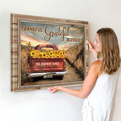 Thankful Grateful Blessed Sign With Pickup Truck, Personalized Farmhouse Wall Decor, Custom Family Name Gifts