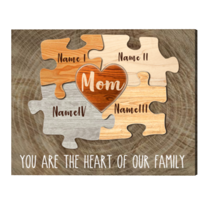 Mother's Day Gifts For Mom, Mom You Are The Heart Of Our Family Canvas, Puzzle Pieces Mom Sign With Kid's Name
