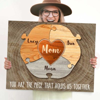Mother's Day Gifts For Mom, Mom You Are The Heart Of Our Family Canvas, Puzzle Pieces Mom Sign With Kid's Name