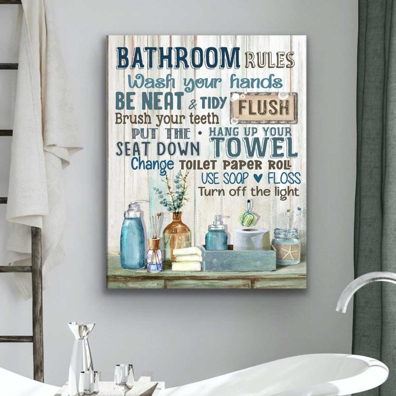 Farmhouse Bathroom Rules Canvas, Custom Color Vintage Bathroom Sign, Rustic Bathroom Wall Decor 1 100222BathroomRulesverBluemk