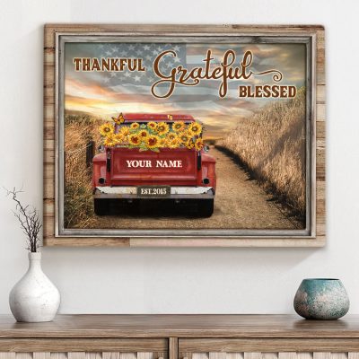 Thankful Grateful Blessed Farmhouse Canvas, Custom Color Vintage Sunflower Truck Sign, Rustic Farmhouse Wall Decor, 4th of July Decorations