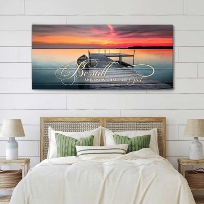 Be Still And Know That I am God Canvas, Sunset Dock Lake Art , Christian Wall Decor For Bedroom 4 be still and know that i am god canvas