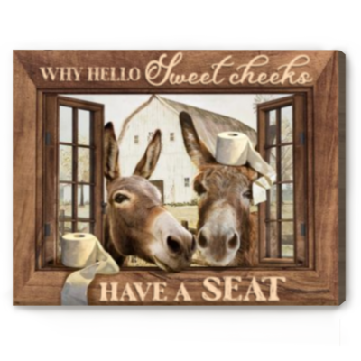 Hello Sweet Cheeks Canvas, Custom Funny Animal Bathroom Wall Art, Farmhouse Bathroom Decor