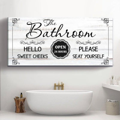 Black And White Bathroom Art, Hello Sweet Cheeks Please Seat Yourself Sign, Elegant Bathroom Wall Decor 2 funny-black-and-white-bathroom-art