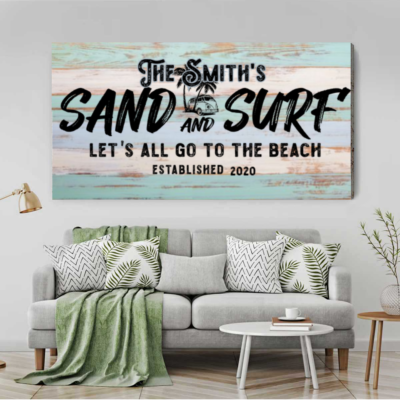 Sand and Surf Personalized Sign, Beach House Coastal Wall Decor, Let's All Go To The Beach