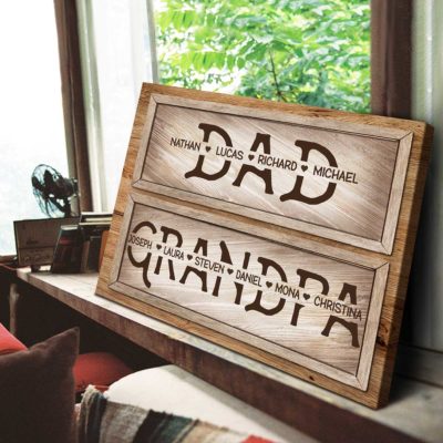 Personalized First Dad Now Grandpa Canvas, Fathers Day Gifts for Grandpa With Kids Name, Grandfather Wall Art