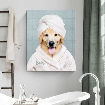 pet in bathrobe canvas custom pet portrait of dog in toilet funny bathroom wall decor