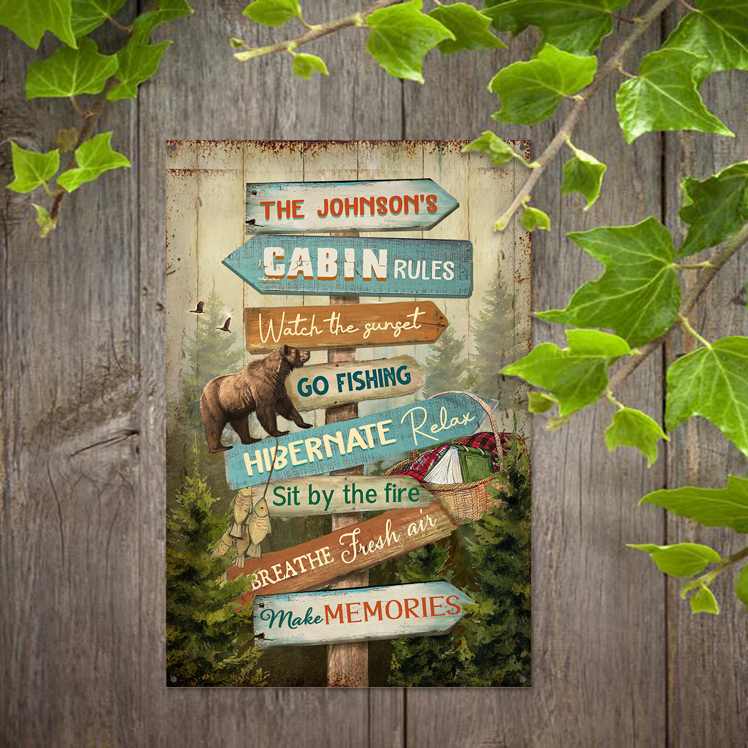 Personalized Cabin Rules Metal Sign, Custom Hunting Log Cabin Decor