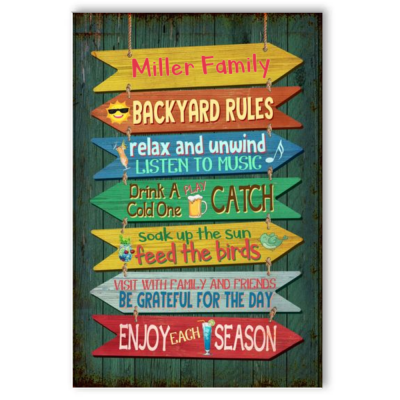 Backyard Rules Metal Sign With Custom Name, Outdoor Backyard Decorations