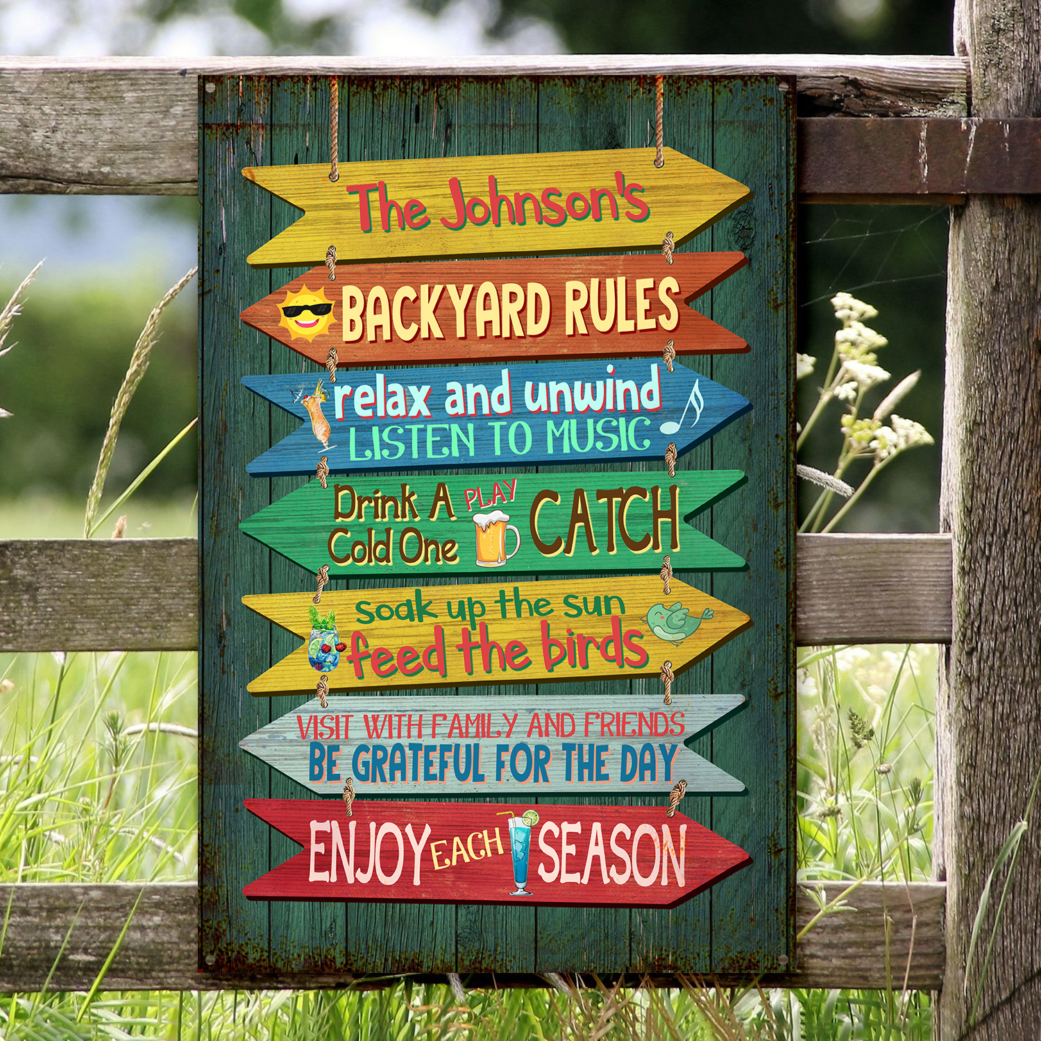 Backyard Rules Metal Sign With Custom Name, Outdoor Backyard Decorations