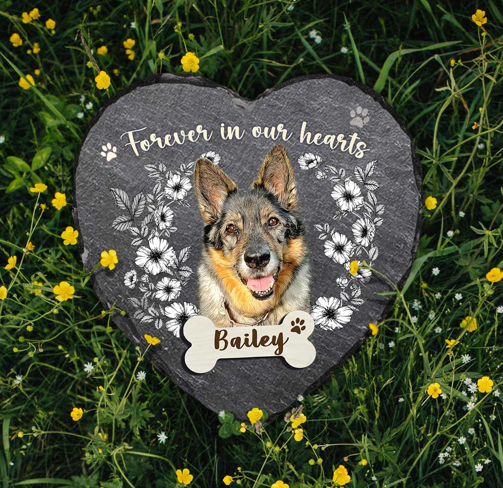 Personalized Pet Memorial Stone Forever In Our Hearts, Custom Dog Memorial Stone with Photo, Pet Loss Gifts, Pet Memorial Slate 1 Personalized Pet Memorial Stone Forever In Our Hearts, Custom Dog Memorial Stone with Photo, Pet Loss Gifts
