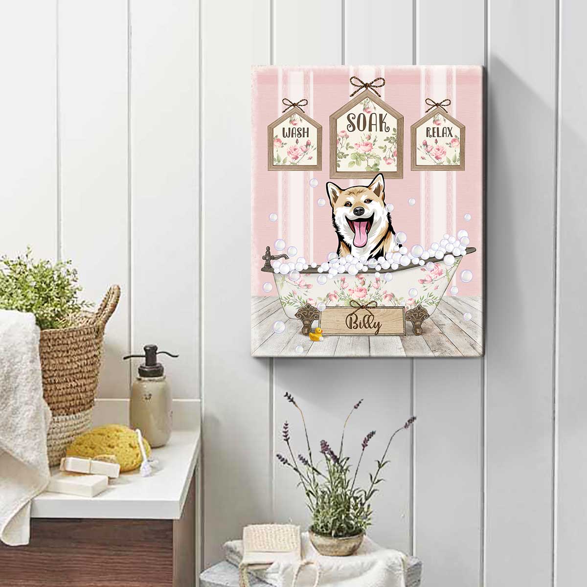 10 Creative and Stylish Ideas for Small Bathroom Wall Decor 2 custom dog in bathtub wall art wash soak relax canvas funny dog bathroom decor3