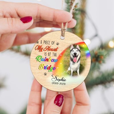 a piece of my heart is at the rainbow bridge photo ornament personalized dog bereavement gift dog memorial christmas ceramic ornament