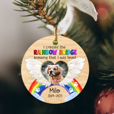 personalized pet memorial christmas photo ceramic ornament in memory dog gifts i crossed the rainbow bridge circle ornament