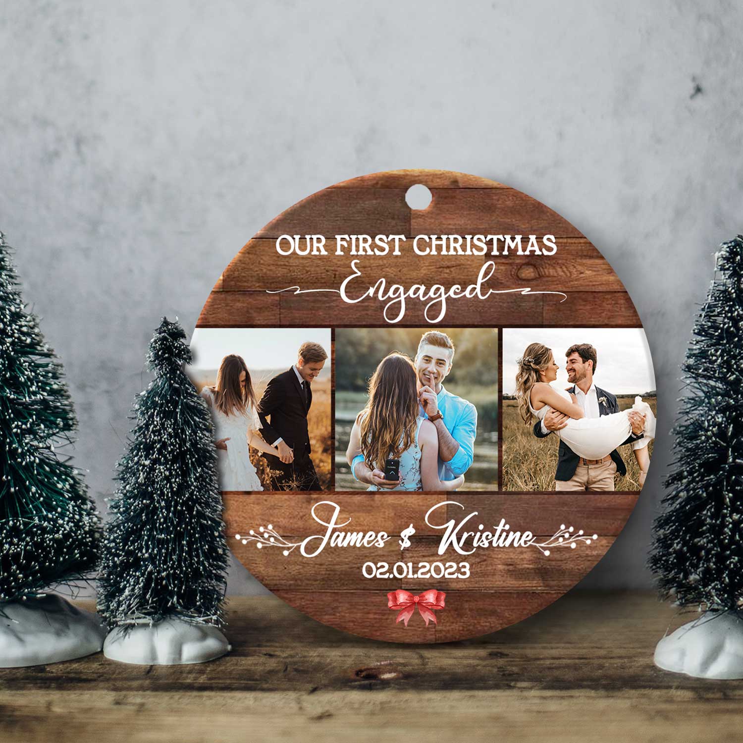 our first christmas engaged photo ceramic ornament personalized christmas gift for engaged couple engaged christmas ornament