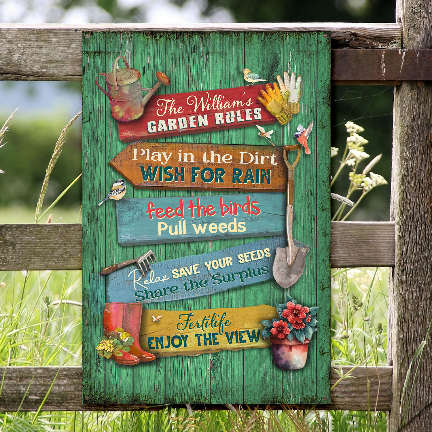 Garden Rules Metal Sign With Custom Name, Personalized Gardening Gifts, Outside Garden Decoration