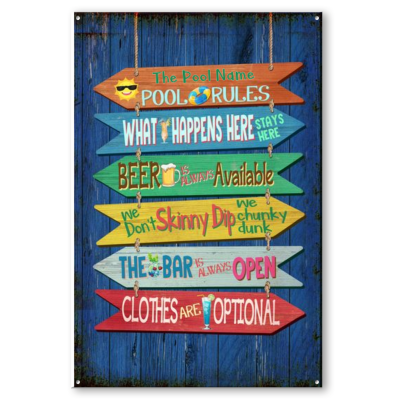Funny Pool Rules Metal Sign Personalized, Swimming Rules Sign with Custom Name, Outdoor Pool Decoration