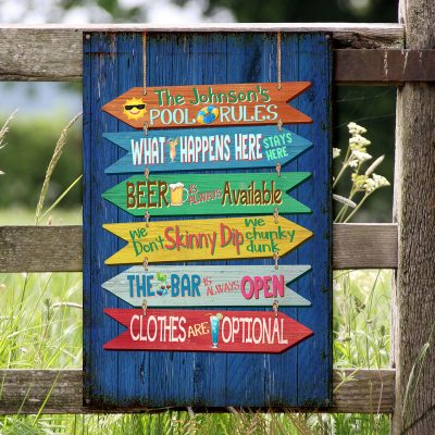 Funny Pool Rules Metal Sign Personalized, Swimming Rules Sign with Custom Name, Outdoor Pool Decoration