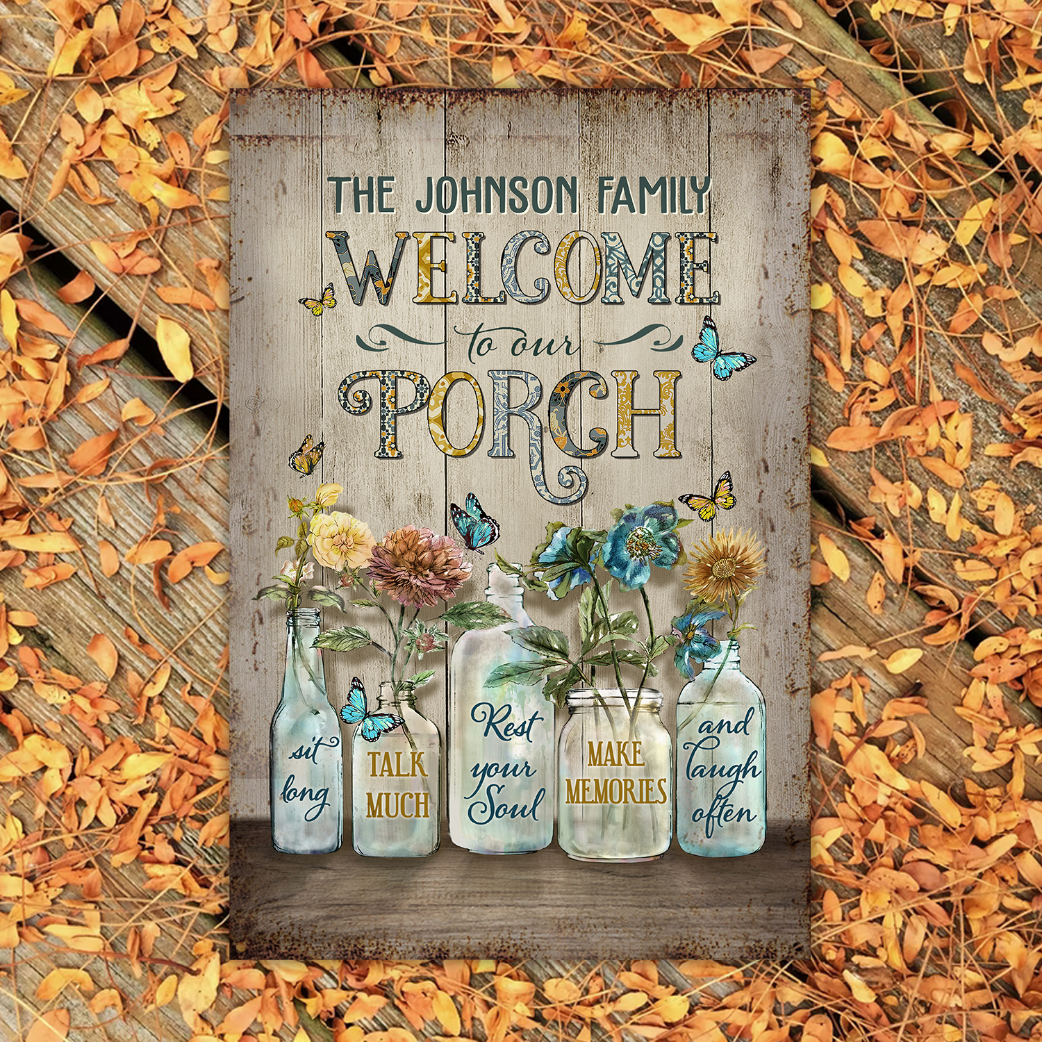 Welcome To Our Porch Personalized Metal Sign, Floral Porch Sign With Custom Name, Porch Outdoor Decoration