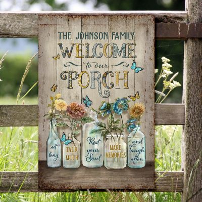 Welcome To Our Porch Personalized Metal Sign, Floral Porch Sign With Custom Name, Porch Outdoor Decoration