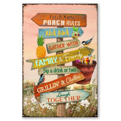 Personalized Porch Rules Metal Sign, Patio Backyard Porch Outside Decoration, Laugh Together Porch Sign