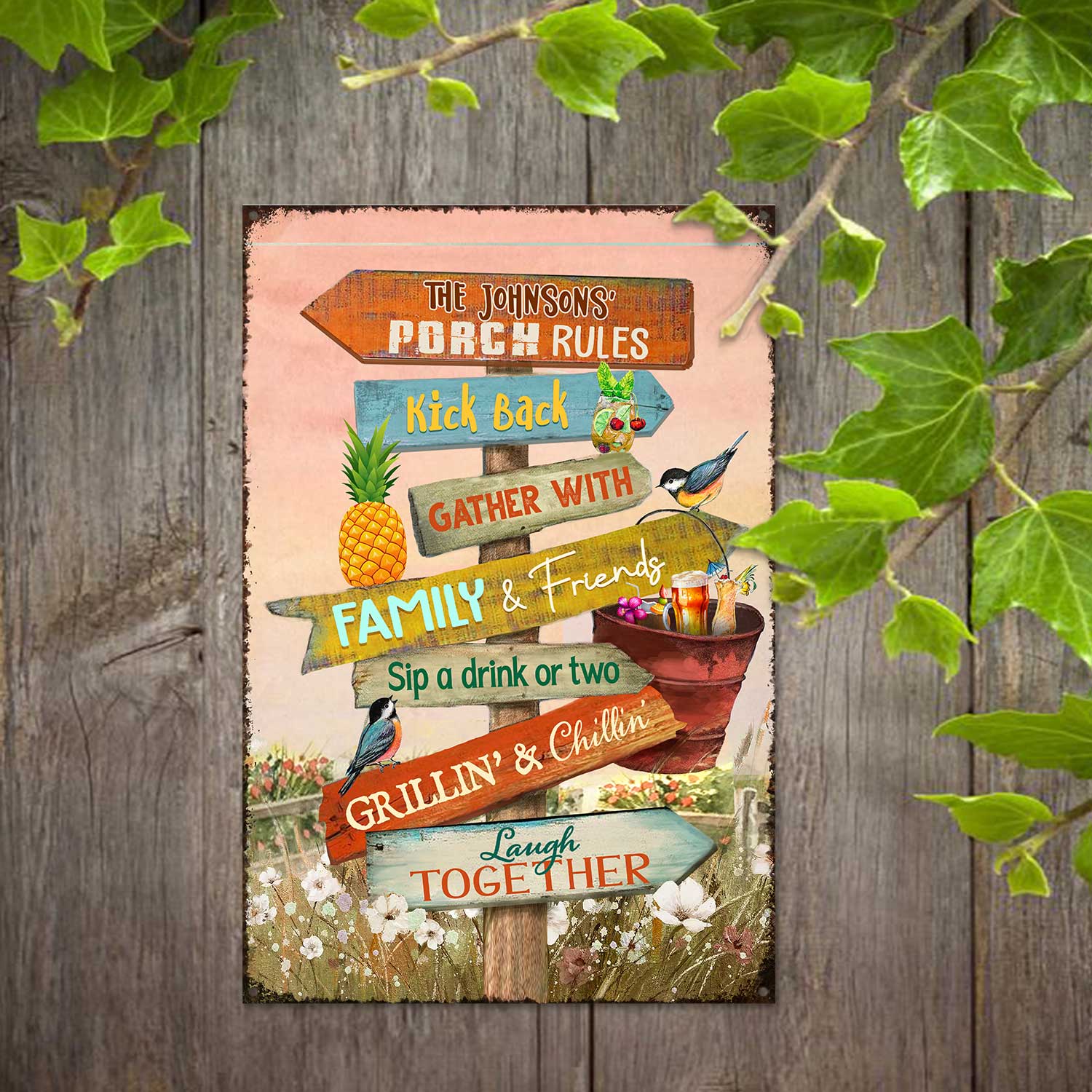 Personalized Porch Rules Metal Sign, Patio Backyard Porch Outside Decoration, Laugh Together Porch Sign