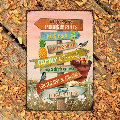 Personalized Porch Rules Metal Sign, Patio Backyard Porch Outside Decoration, Laugh Together Porch Sign