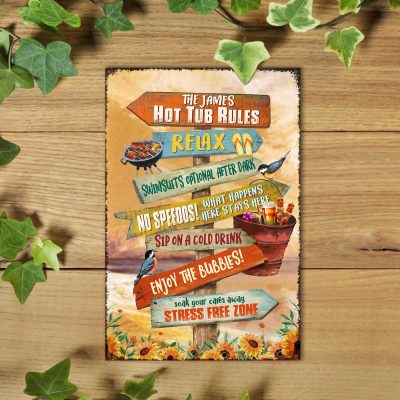 Personalized Hot Tub Rules Metal Sign, Hottub Bathroom Wall Decoration, Stress Free Zone Hot Tub Sign