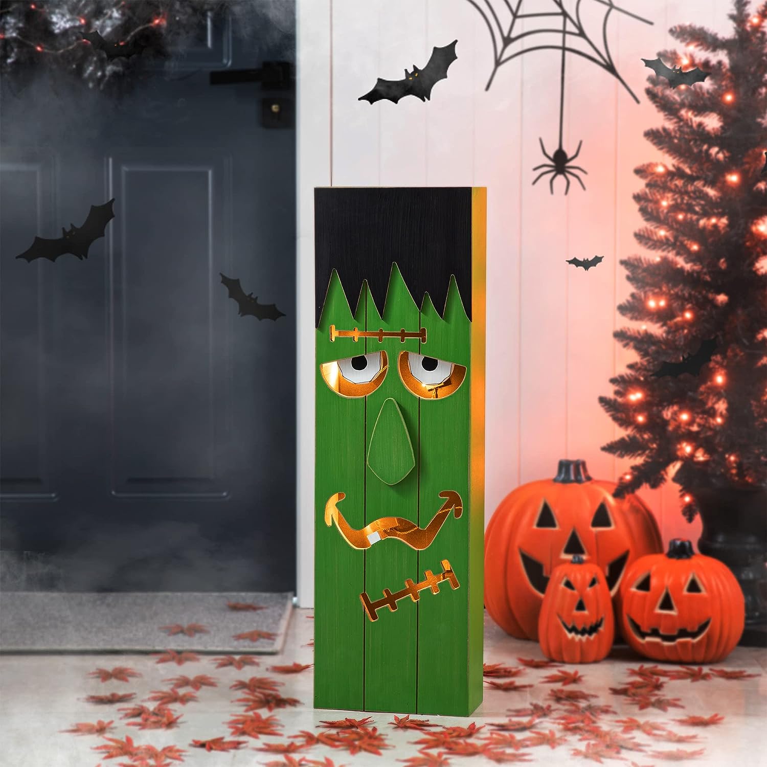 Glitzhome Lighted Frankenstein Porch Sign Halloween Decoration