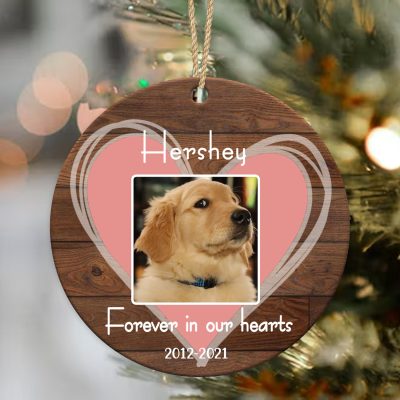 Pet Loss Ceramic Ornament With Photo, Personalized Pet Memorial Christmas Gift, Forever In Our Heart Ceramic Ornament