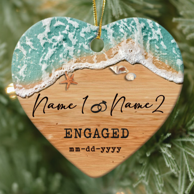 custom beach engaged ornament with names engagement gift for couples tropical beach themed wedding christmas ornament