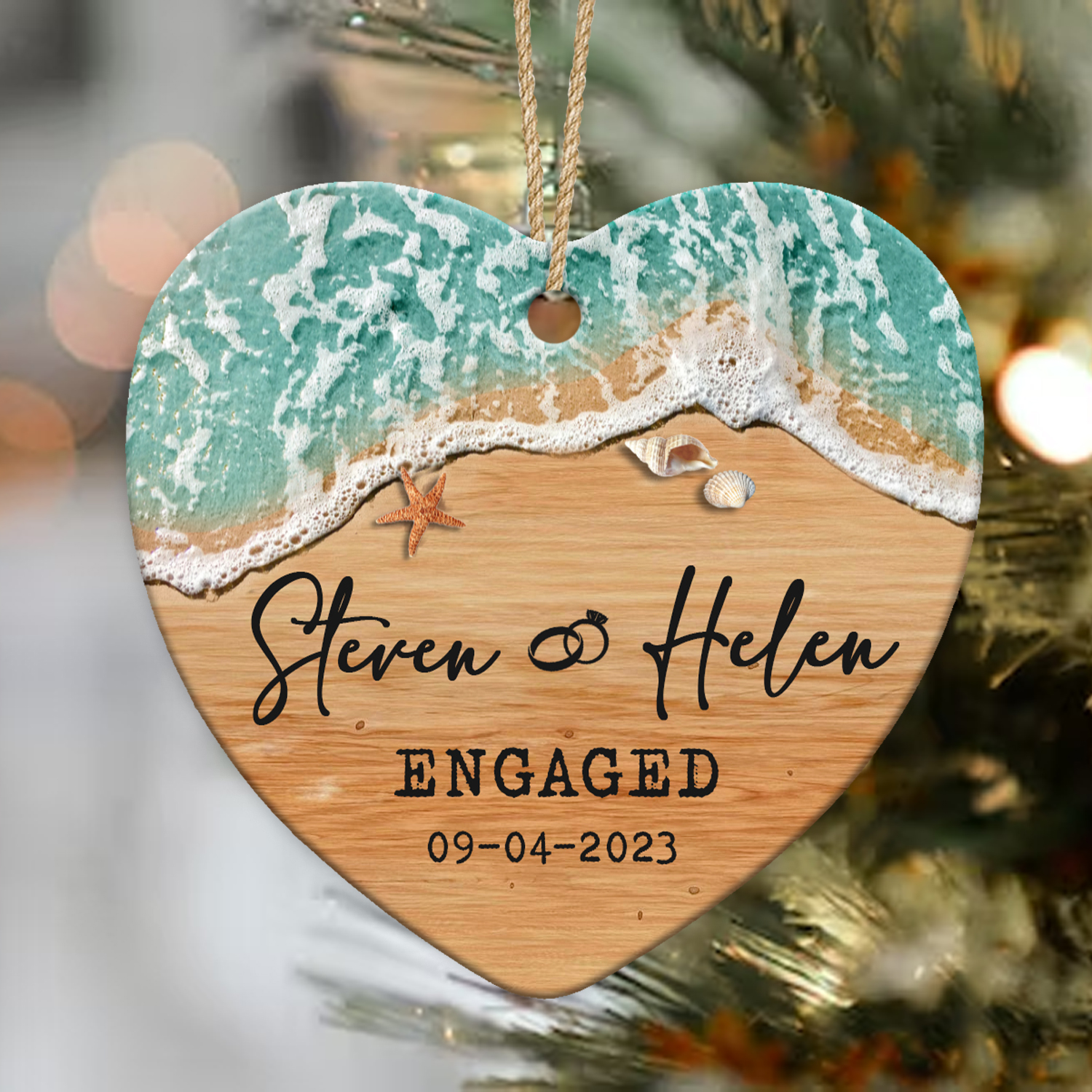 custom beach engaged ornament with names engagement gift for couples tropical beach themed wedding christmas ornament