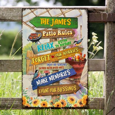 Personalized Patio Rules Metal Sign, Backyard Porch Patio Outside Decoration, Make Memories Count Blessings Patio Sign
