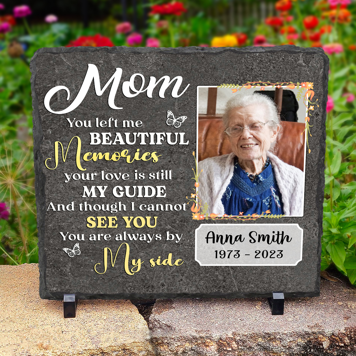 Personalized Mom Memorial Photo Slate, Sympathy Gift For Loss Of Mother, You Left Me Beautiful Memories Mom Memorial Stone Mother's Day Gifts 1 Personalized Mom Memorial Photo Slate, Sympathy Gift For Loss Of Mother, You Left Me Beautiful Memories Mom Memorial Stone For Garden Or Home