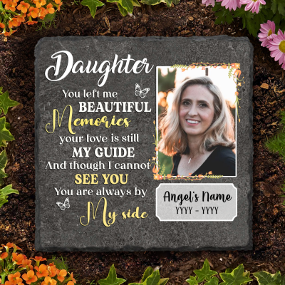 Daughter Memorial Rock Slate With Photo, Personalized Memorial Gifts For Loss Of Daughter, You Left Me Beautiful Memories Daughter Memorial Stone For Garden Or Home