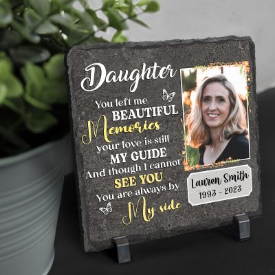 Daughter Memorial Rock Slate With Photo, Personalized Memorial Gifts For Loss Of Daughter, You Left Me Beautiful Memories Daughter Memorial Stone For Garden Or Home