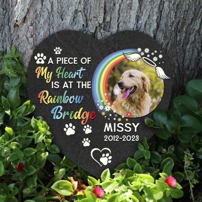 A Piece Of My Heart Is At The Bridge Rainbow Dog Photo Slate, Personalized Pet Memorial Stone, Dog Sympathy Gifts