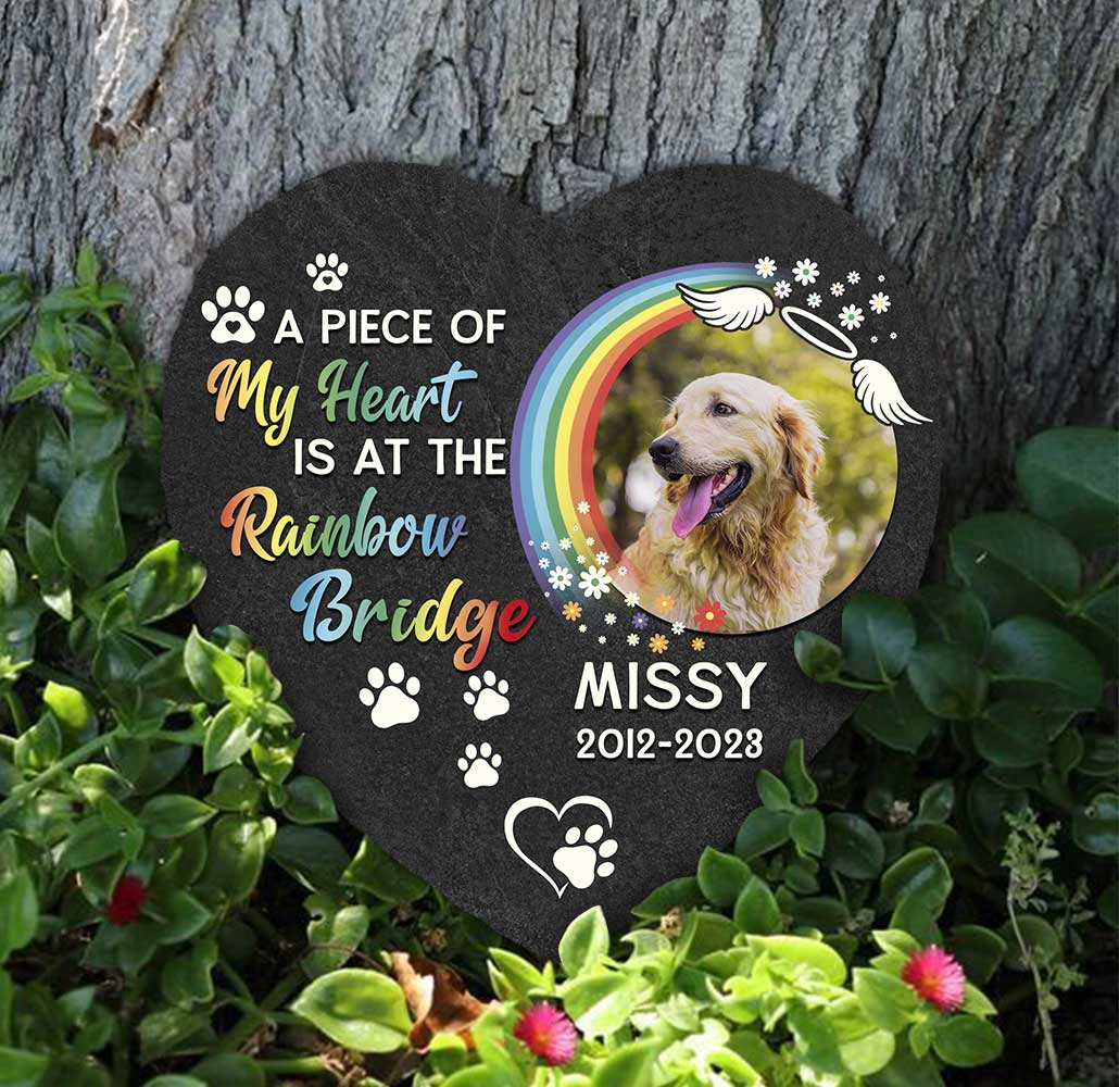 Pet Memorial Stone - 5 Best Pet Grave Marker Ideas 20 A Piece Of My Heart Is At The Bridge Rainbow Dog Photo Slate, Personalized Pet Memorial Stone, Dog Sympathy Gifts