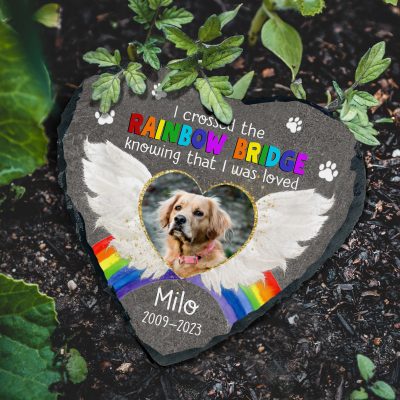 I Crossed The Rainbow Bridge Knowing I Was Loved Personalized Memorial Stone, Gifts For Grieving Pet Owners, Dog Grave Stone