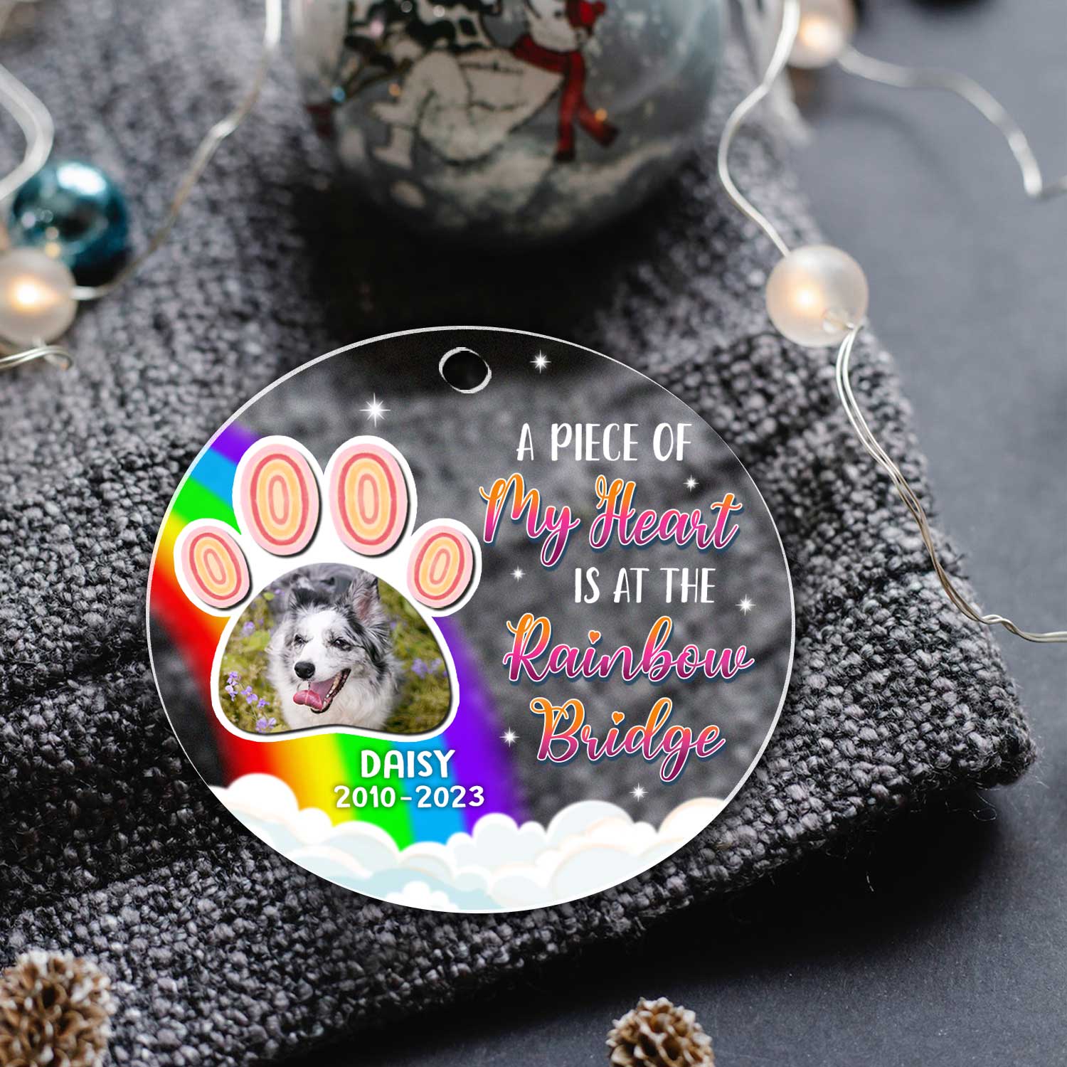 10+ Best Dog Loss Sympathy Gifts for Grieving Dog Owners 2023 11 rainbow dog memorial photo acrylic ornament personalized memorial gifts for dog owners a piece of my heart is at the rainbow bridge christmas ornament