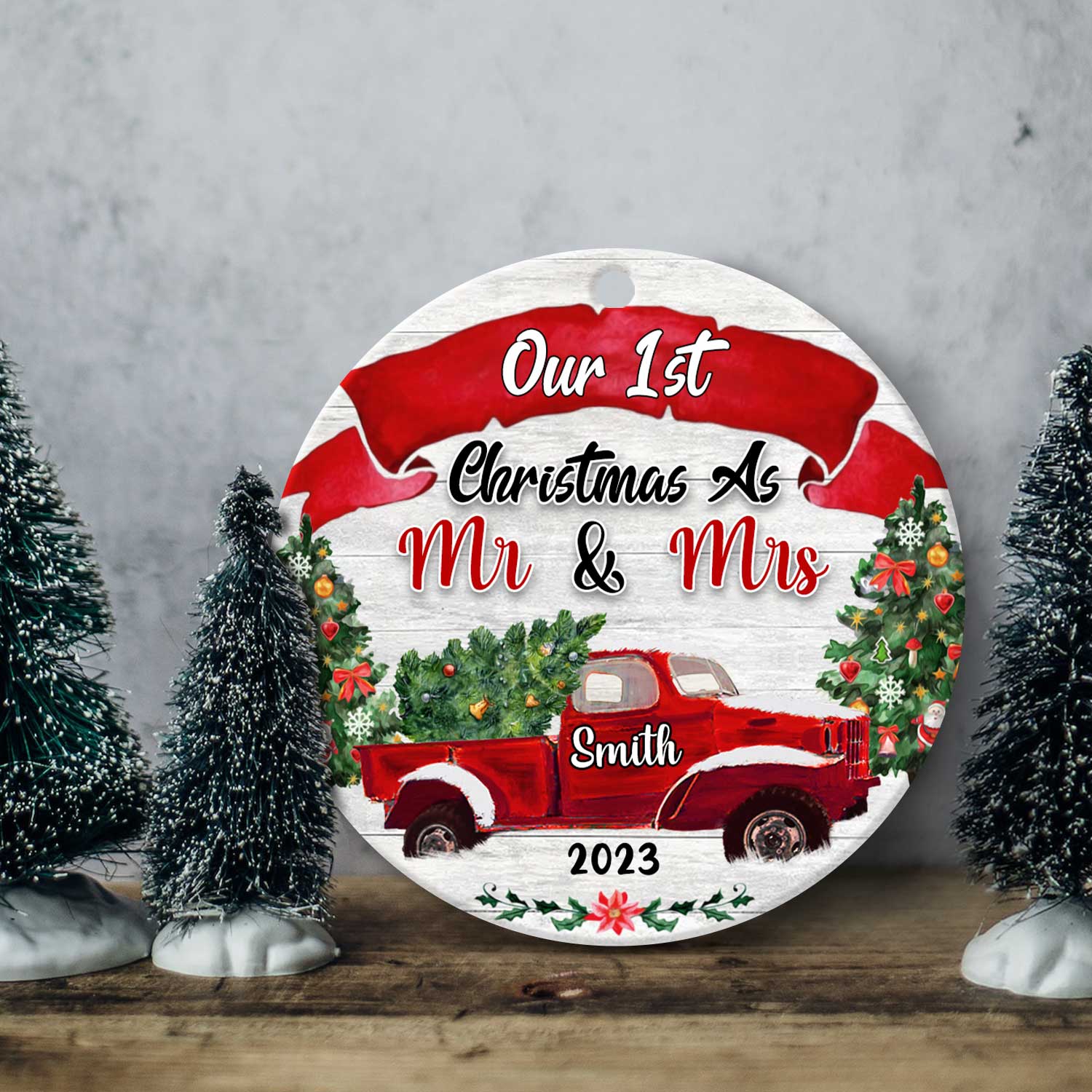 mr and mrs first christmas ceramic ornament custom first christmas married gifts our first christmas married as mr and mrs red truck ornament