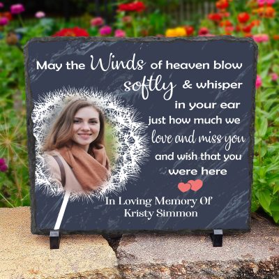 Personalized May The Wind Dandelion Memorial Slate, Custom Photo Memorial Stone Slate, Gifts For Bereavement
