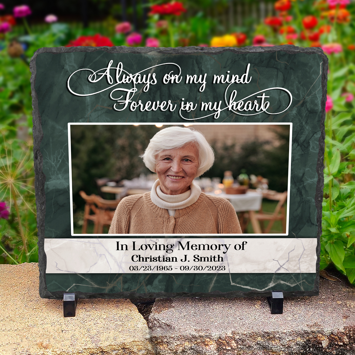 Custom Photo Memorial Stone Slate, Personalized Always On My Mind Forever in My Heart Slate, Gifts For Bereavement