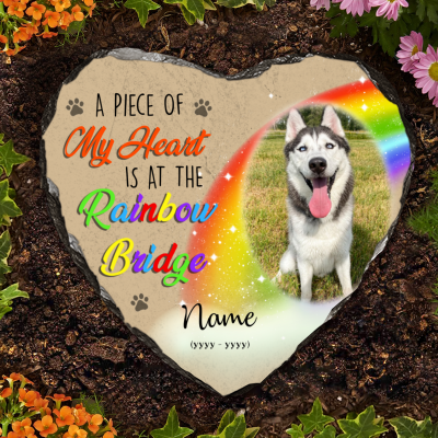 Rainbow Bridge Dog Memorial Photo Slate Personalized, Pet Condolence Gifts, A Piece Of My Heart Is At The Bridge Rainbow Garden Stone