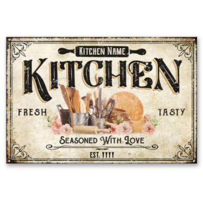 Seasoned With Love Kitchen Metal Sign, Custom Vintage Country Family Kitchen Signs, Classic Farmhouse Kitchen Decor