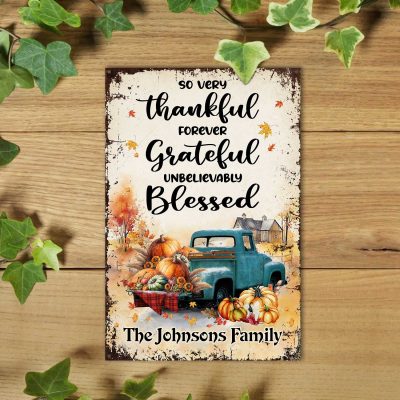 Thankful Grateful Blessed Personalized Family Name Metal Sign, Pumpkin On Truck Fall Gift, Autumn Season Outdoor Decor