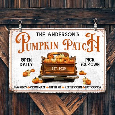 Custom Pumpkin Patch Metal Sign With Tractor, Personalized Rustic Pumpkin Patch Sign, Fall Halloween Outdoor Decor