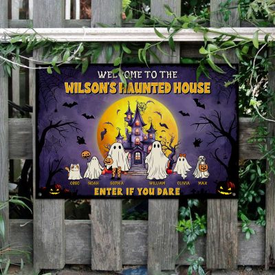Personalized Halloween Family Ghost Metal Sign, Custom Welcome to Haunted House Sign, Halloween Decorations